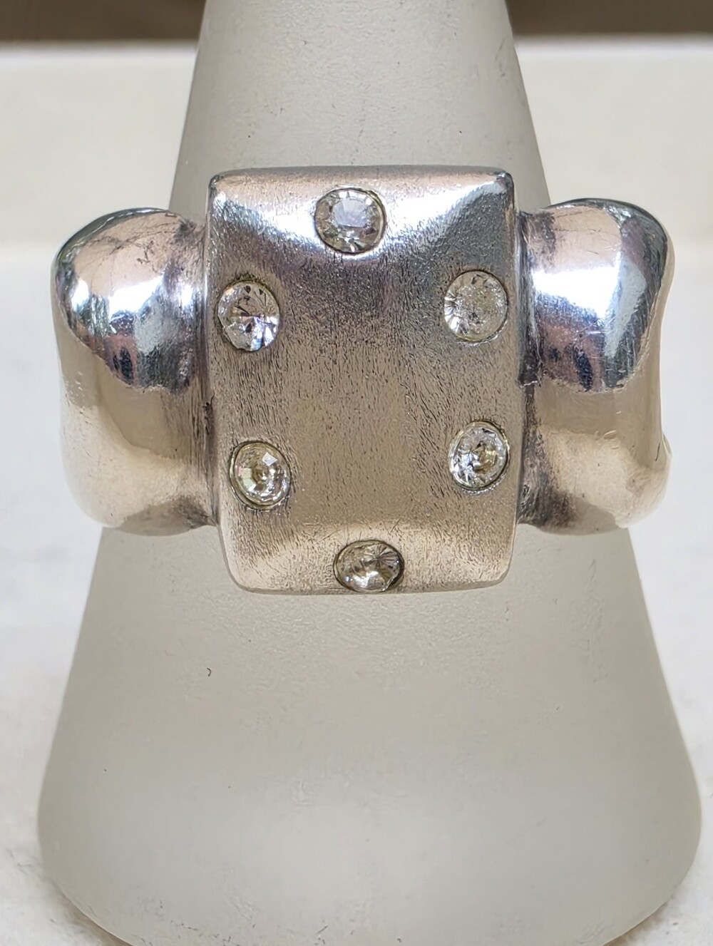 Sterling Silver Geometric Statement Ring with Clear Stones • Size 10 • 6.24g